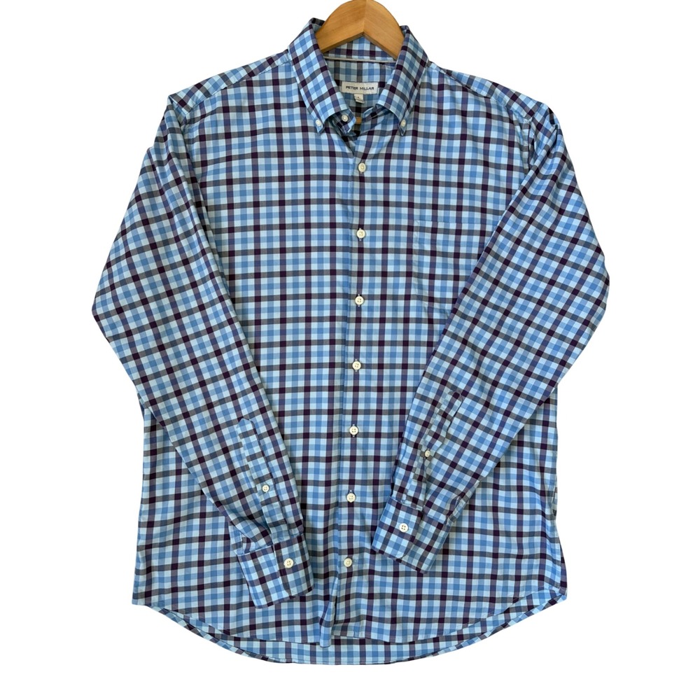 Peter Millar Preppy Blue Purple Gingham Plaid Button Down Shirt L Long Sleeve